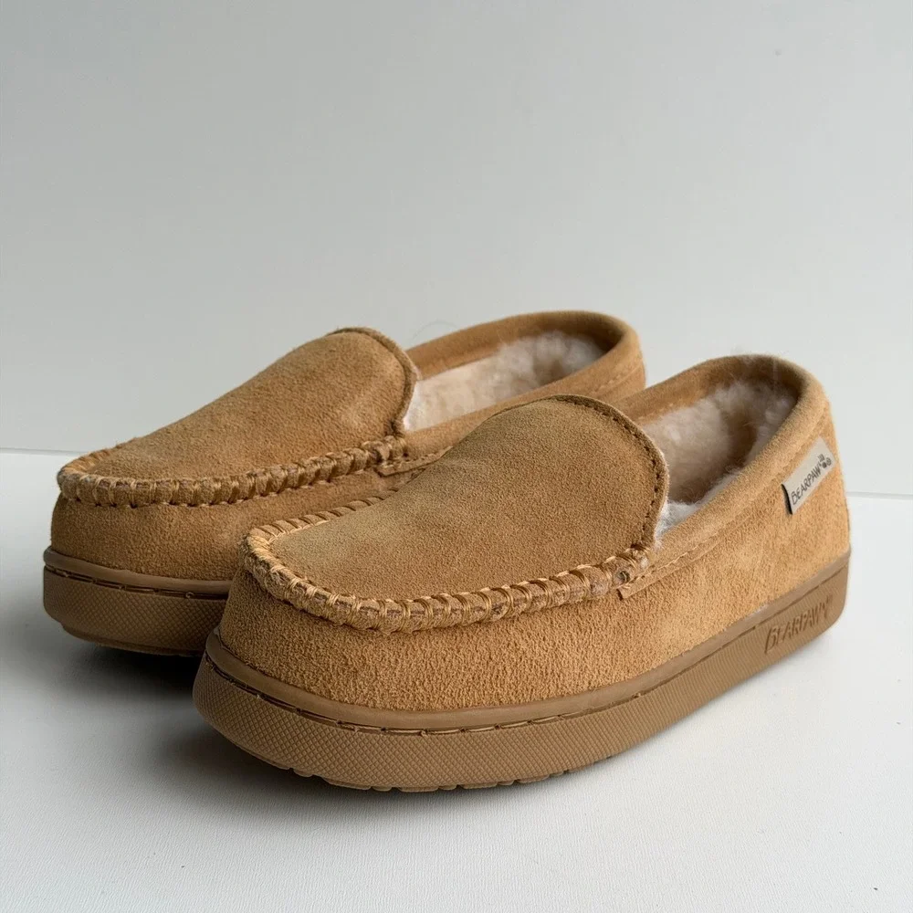 Bearpaw Jamie Youth Slippers Size 2 Iced Coffee Brown Suede Moccasins Faux Fur